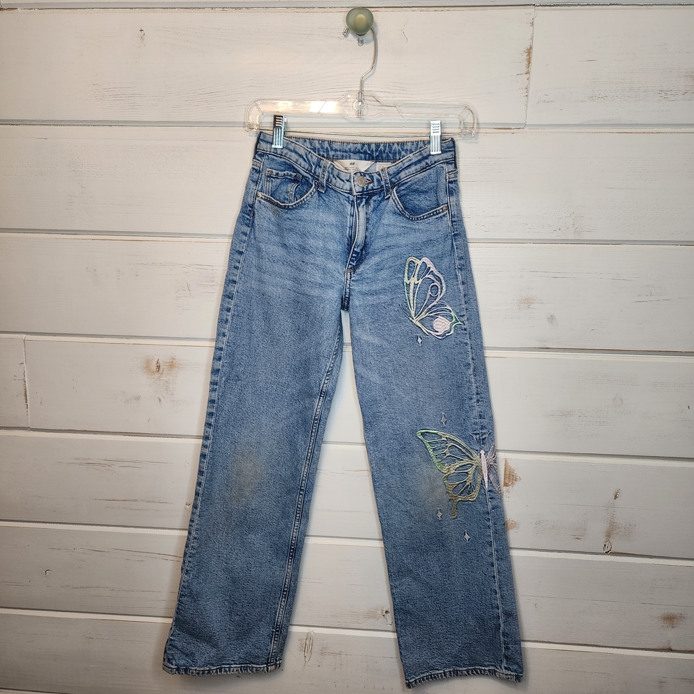 H&M Blue Straight Wide Leg Jeans with Butterfly Designs 14